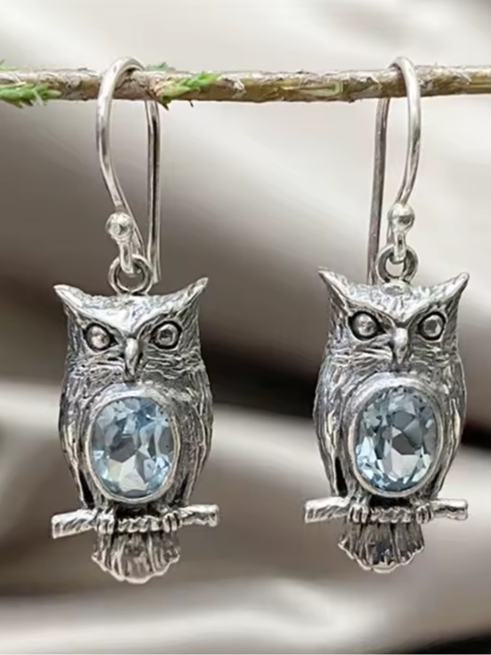 Silver Owl Light Blue Stones Earrings
